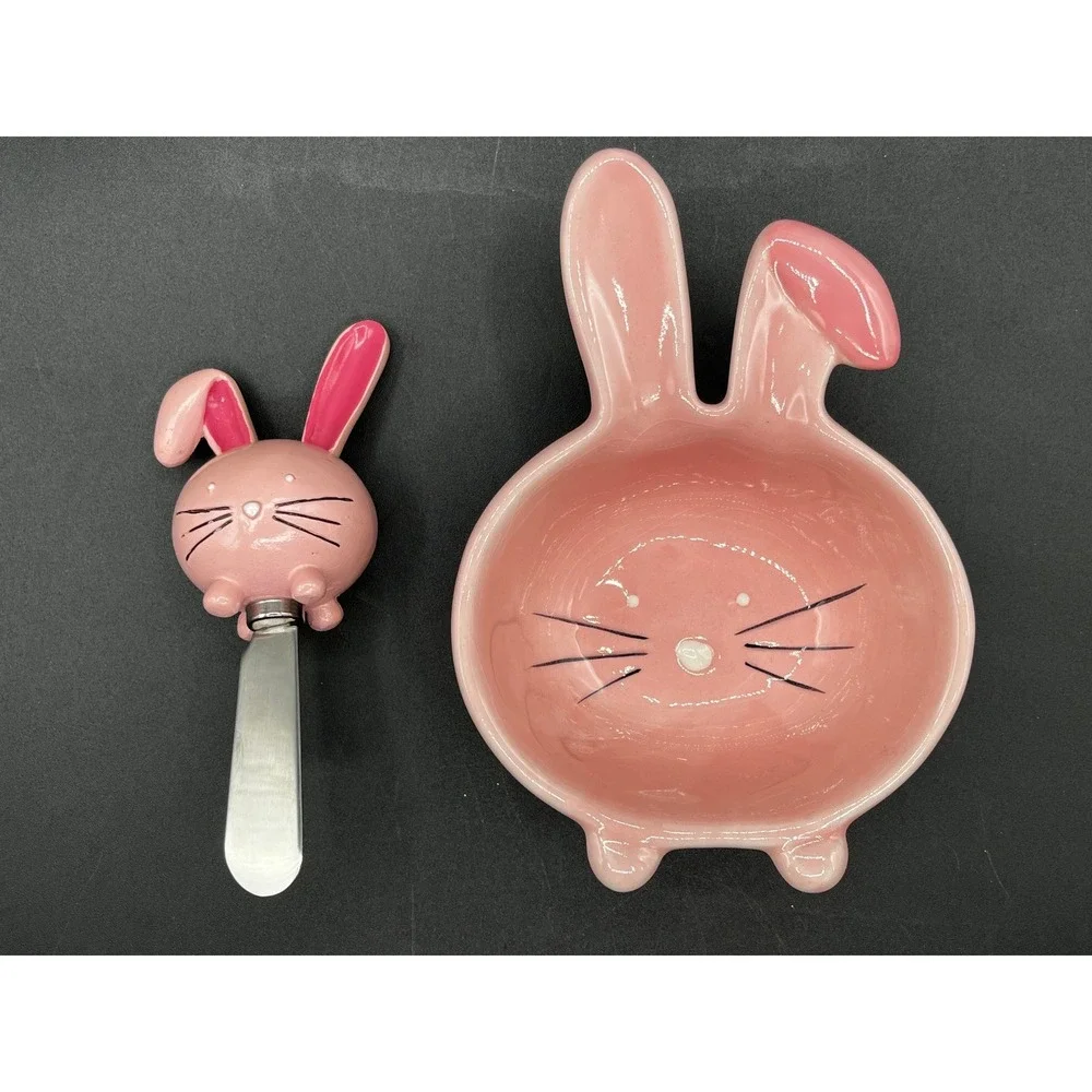 Swoozie's Pink Ceramic Bunny Dip Bowl Spreader Set Easter Kitchenware Adorable!